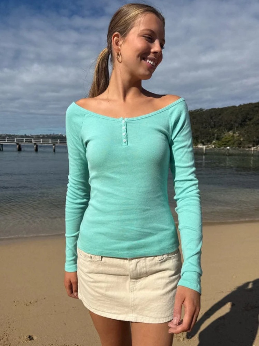 Brandy Melville Seafoam teal Henley top